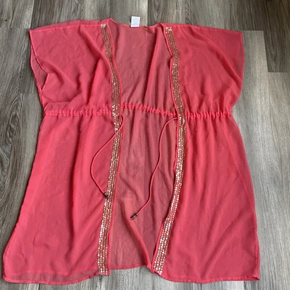 2000's Y2K Coral Pink Sequined Cover Up Shrug Kimono Sheer One Size Adjustable - Picture 2 of 6